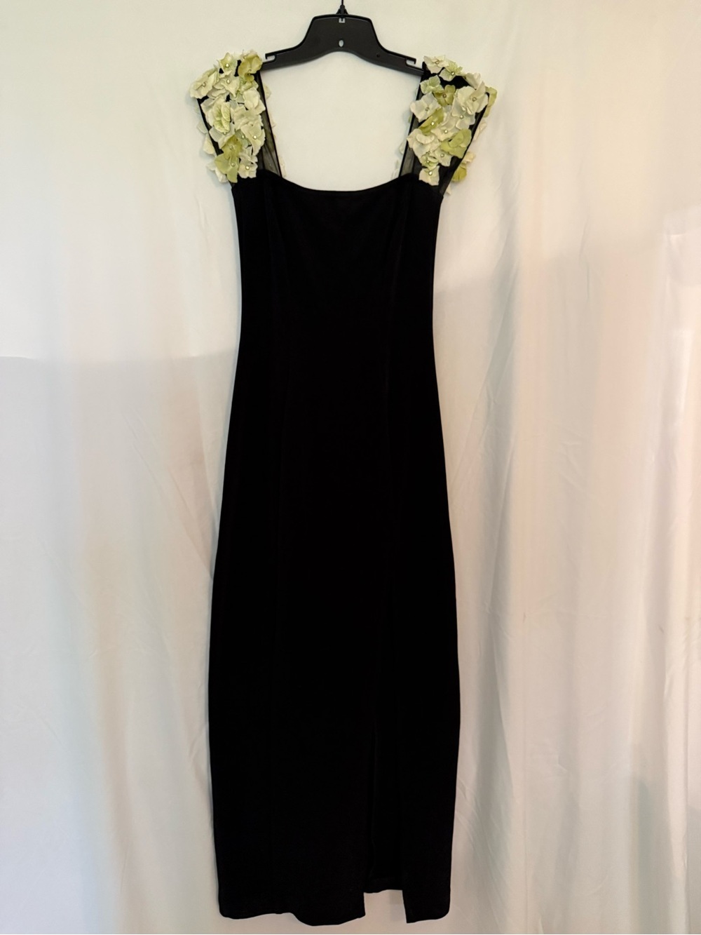 Cache Black Maxi Dress with Cream Floral Shoulder Appliqués